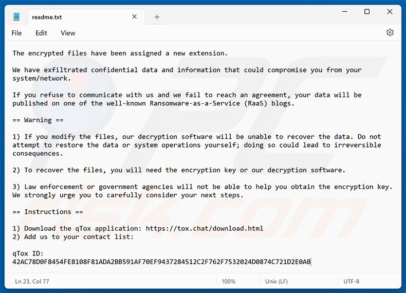Żądanie okupu qTox Ransomware (readme.txt)