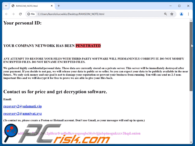 Żądanie okupu ransomware Regulus (RANSOM_NOTE.html)