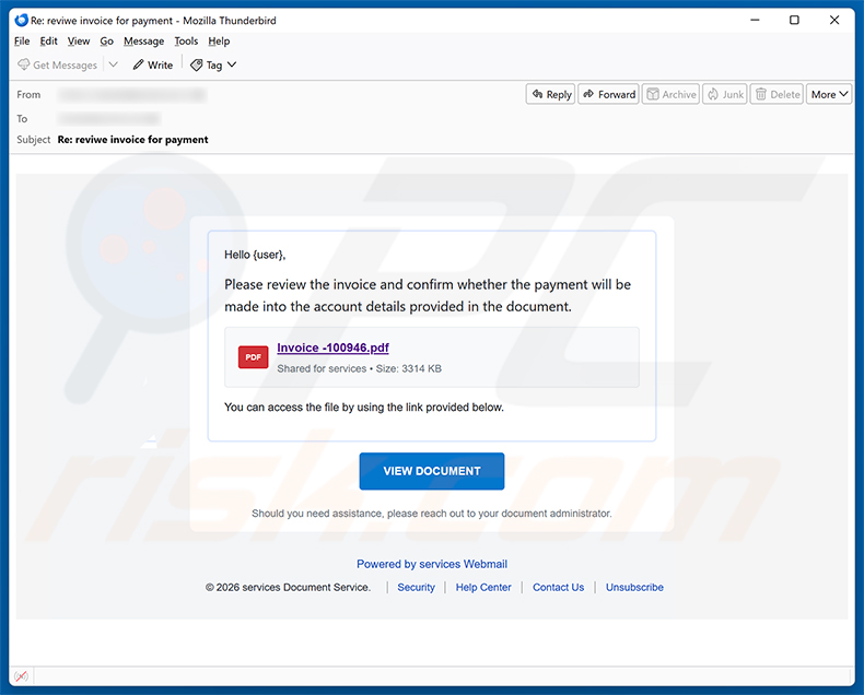 Kampania spamowa e-mail Review The Invoice And Confirm The Payment