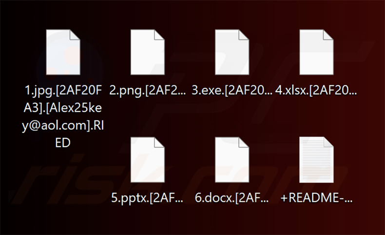Pliki zaszyfrowane przez RIED ransomware (rozszerzenie [ID_ofiary].[e-mail_dewelopera].RIED)