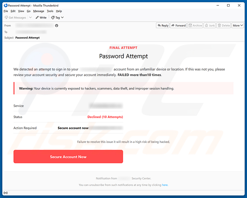 Kampania spamowa oszustwa e-mailowego Secure Your Account