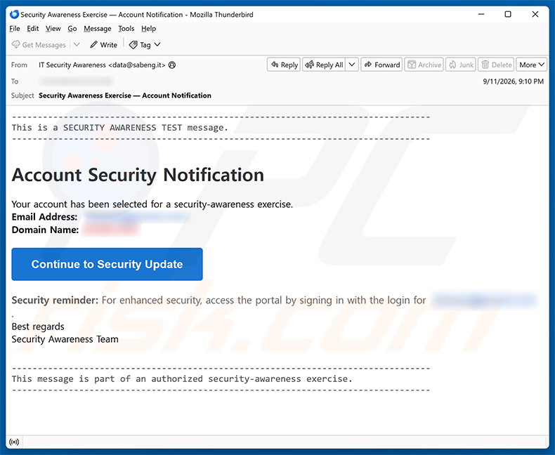 Kampania spamowa Security Awareness Exercise Email Scam