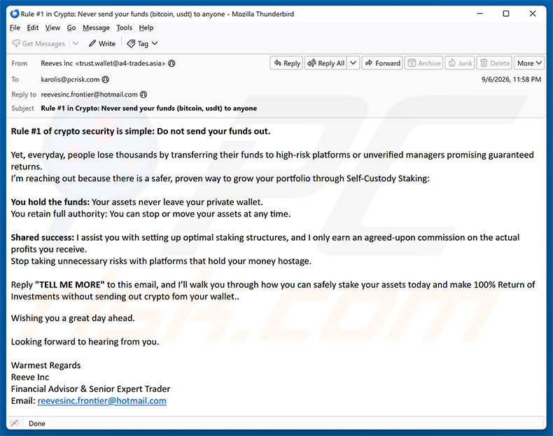 Kampania spamowa e-mail Self-Custody Crypto Staking
