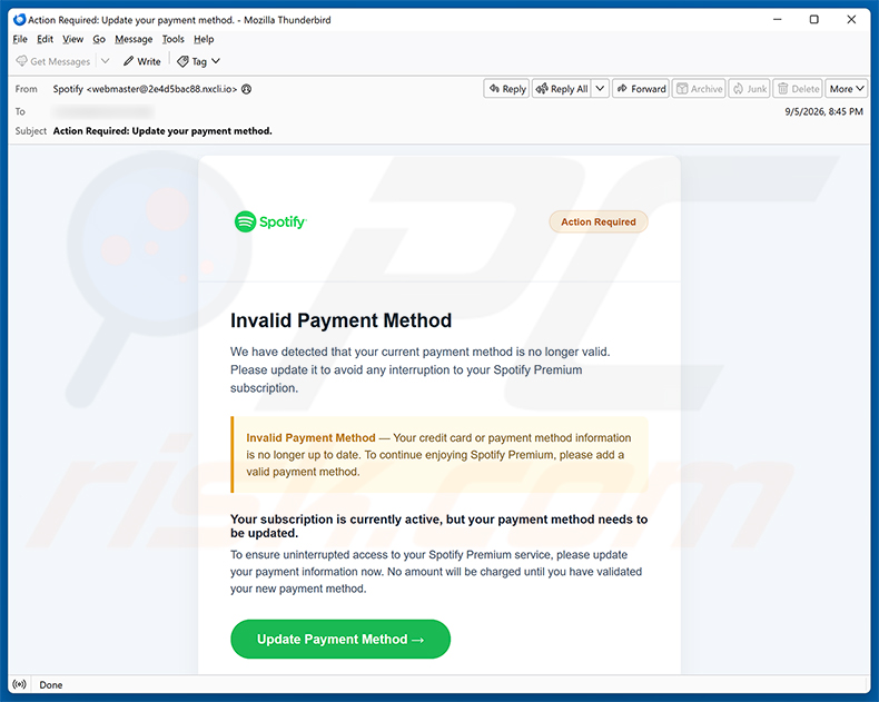 Kampania spamowa oszustwa e-mailowego Spotify - Invalid Payment Method