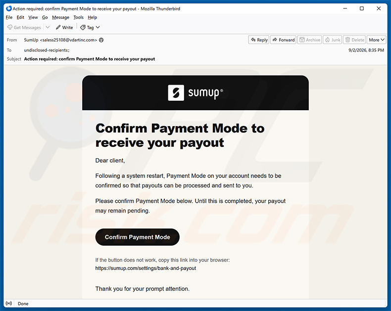 Kampania spamowa SumUp Payment Mode Confirmation oszustwo e-mailowe