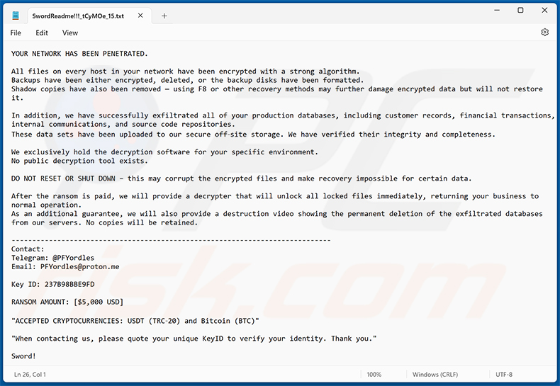 Notatka z żądaniem okupu ransomware Sword (SwordReadme!!![random_string].txt)