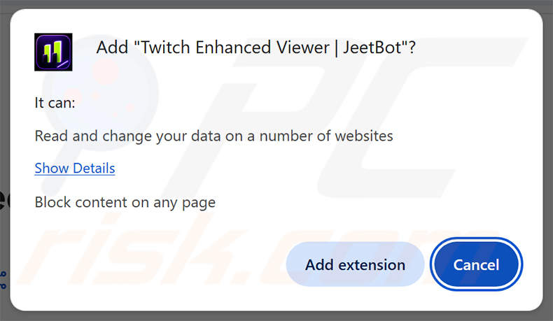 Okno dialogowe uprawnień złośliwego rozszerzenia Twitch Enhanced Viewer | JeetBot w Chrome