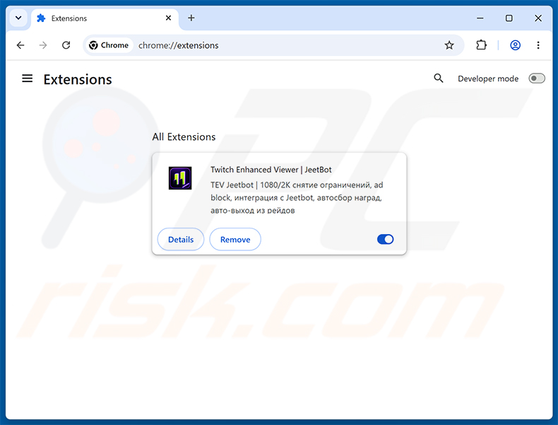 Usuwanie złośliwego rozszerzenia Twitch Enhanced Viewer | JeetBot z Google Chrome krok 2
