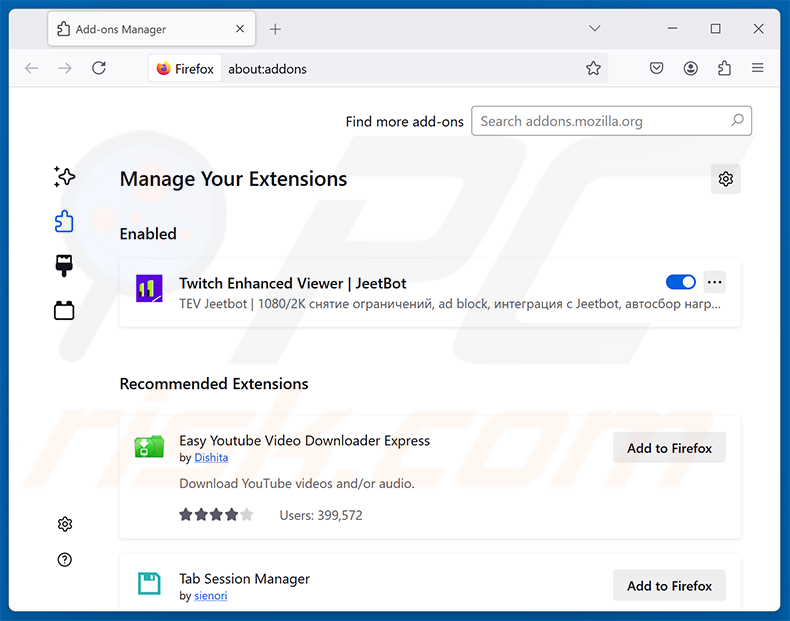 Usuwanie złośliwego rozszerzenia Twitch Enhanced Viewer | JeetBot z Mozilla Firefox krok 2