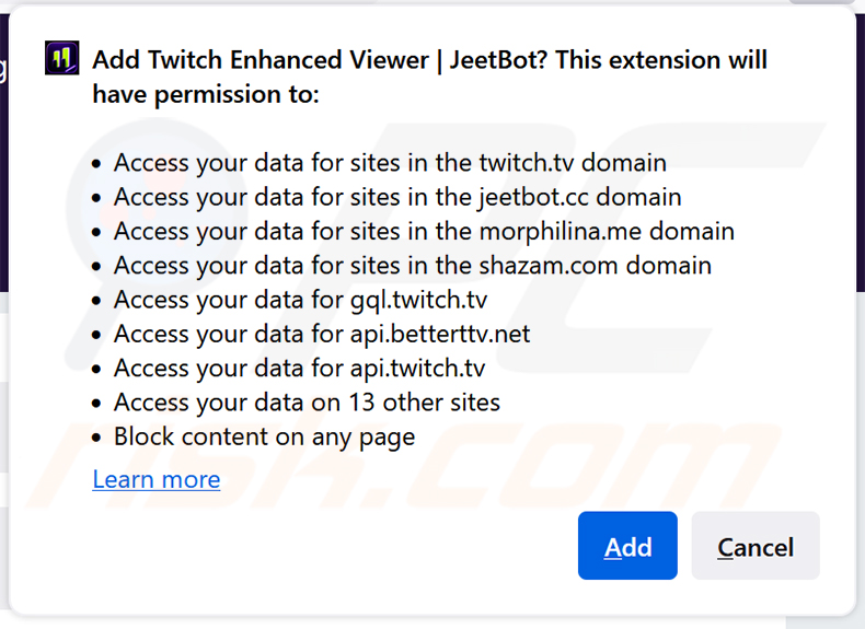 Złośliwe rozszerzenie Twitch Enhanced Viewer | JeetBot żądające uprawnień w Firefox
