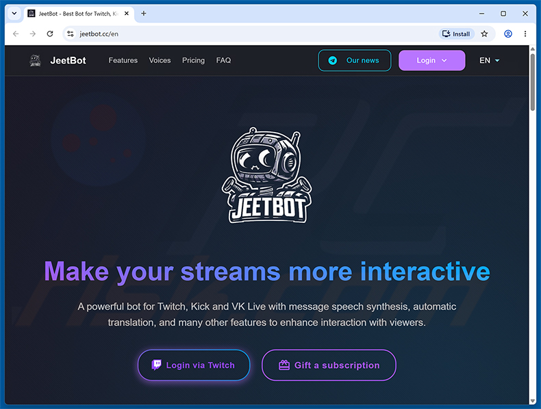 Witryna promująca złośliwe rozszerzenie Twitch Enhanced Viewer | JeetBot