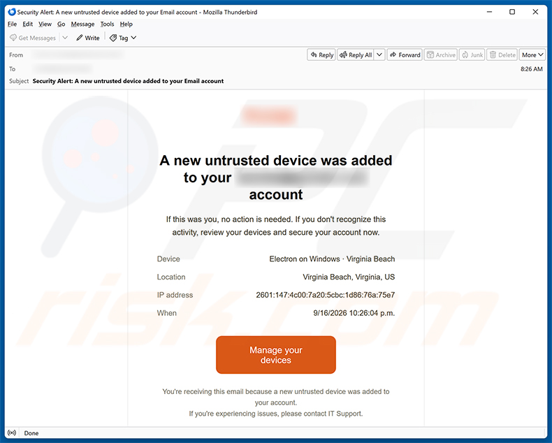 Kampania spamowa e-mail Untrusted Device Was Added To Your Account