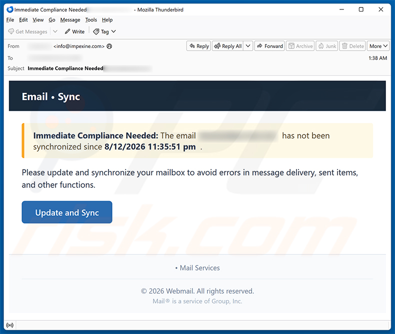 Kampania spamowa oszustwa e-mailowego Update And Synchronize Your Mailbox
