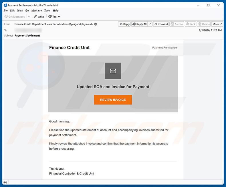 Kampania spamowa e-mail Updated SOA And Invoice For Payment
