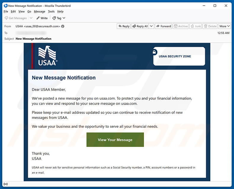 Kampania spamowa e-mail USAA - New Message Notification