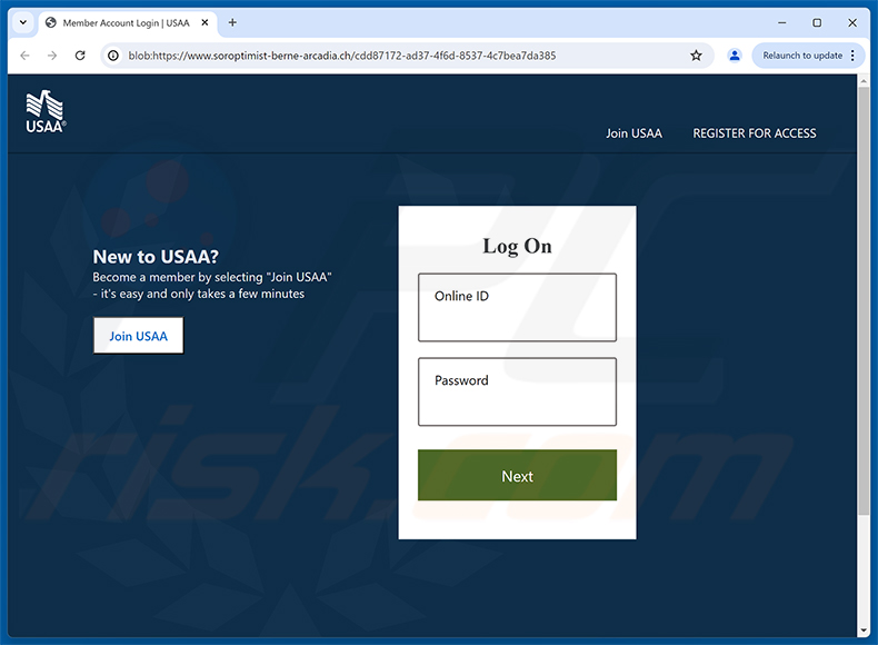 Strona phishingowa USAA - New Message Notification