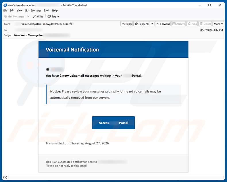Kampania spamowa e-mail Voicemail Notification Email Scam