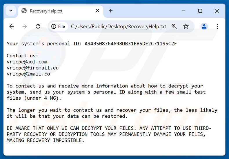 Żądanie okupu ransomware Vricpe (RecoveryHelp.txt)