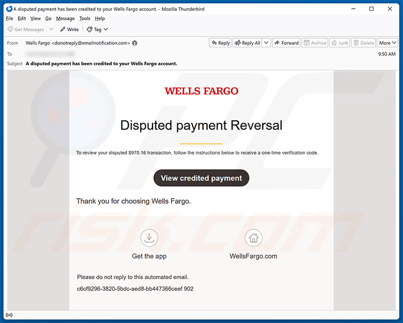 Kampania spamowa e-mail Wells Fargo - Disputed Payment Reversal
