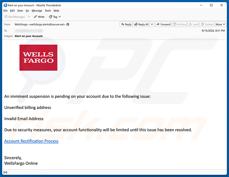 Wells Fargo - Pending Account Suspension oszustwo e-mailowe