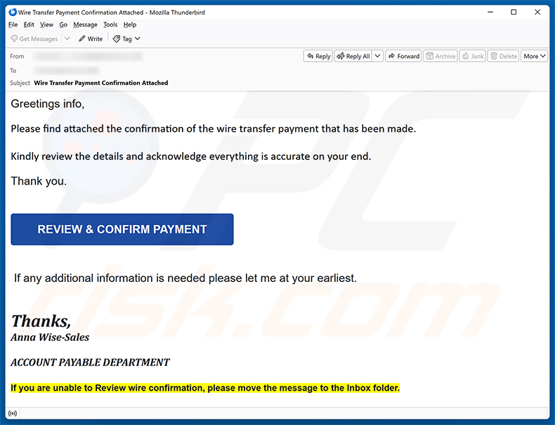 Kampania spamowa oszustwa e-mailowego Wire Transfer Payment Confirmation