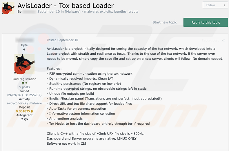 AvisLoader reklamowany na forum cyberprzestępczym (źródło varonis-com)