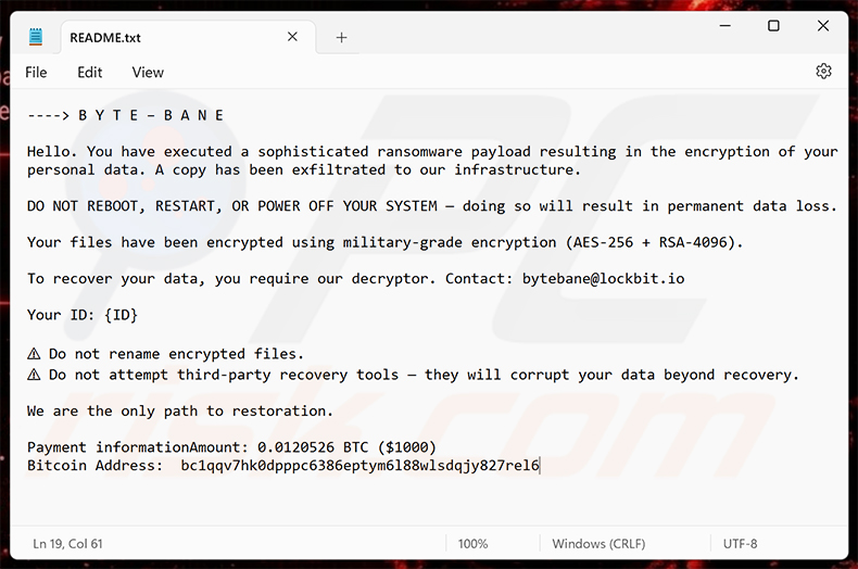 Żądanie okupu ransomware ByteBane (README.txt)