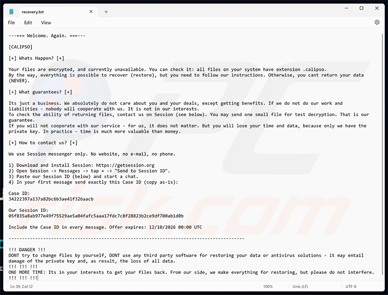 Żądanie okupu ransomware Calipso (recovery.txt)