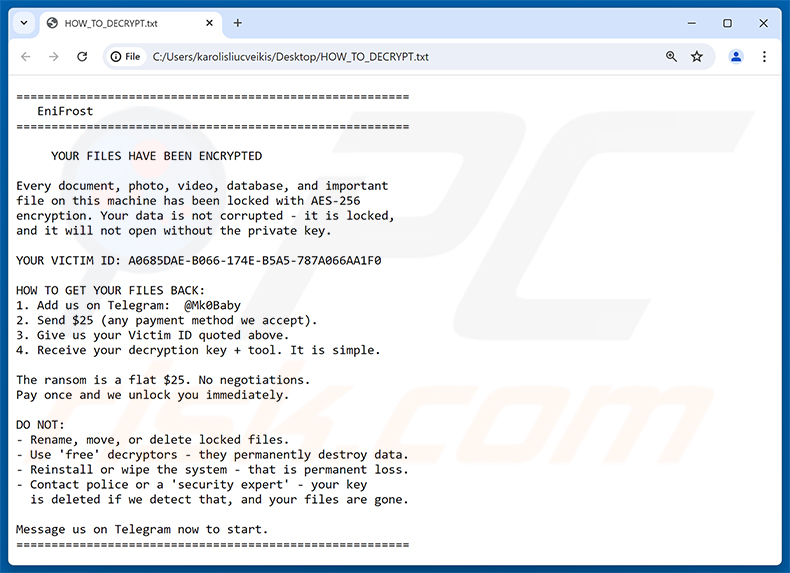 Notatka z żądaniem okupu ransomware EniFrost (HOW_TO_DECRYPT.txt)