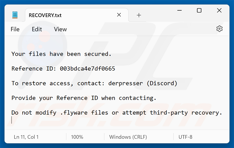 Żądanie okupu Flyware ransomware (RECOVERY.txt)