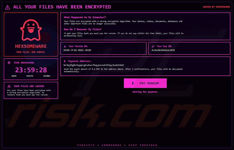 Pełnoekranowe okno pop-up ransomware Hexsomeware