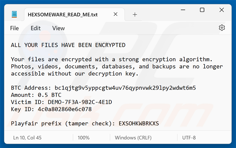Plik tekstowy ransomware Hexsomeware (HEXSOMEWARE_READ_ME.txt)