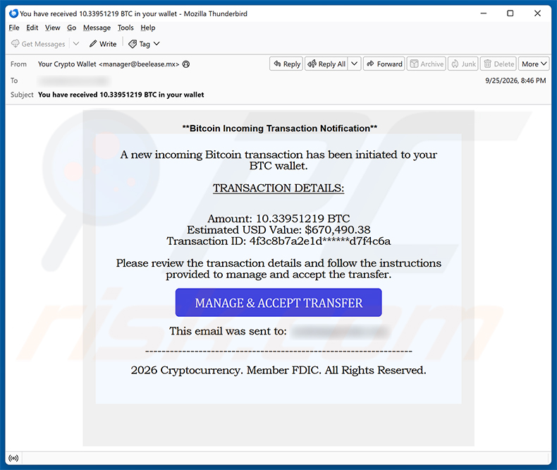 Incoming Bitcoin Transaction oszustwo e-mailowe - kampania spamowa