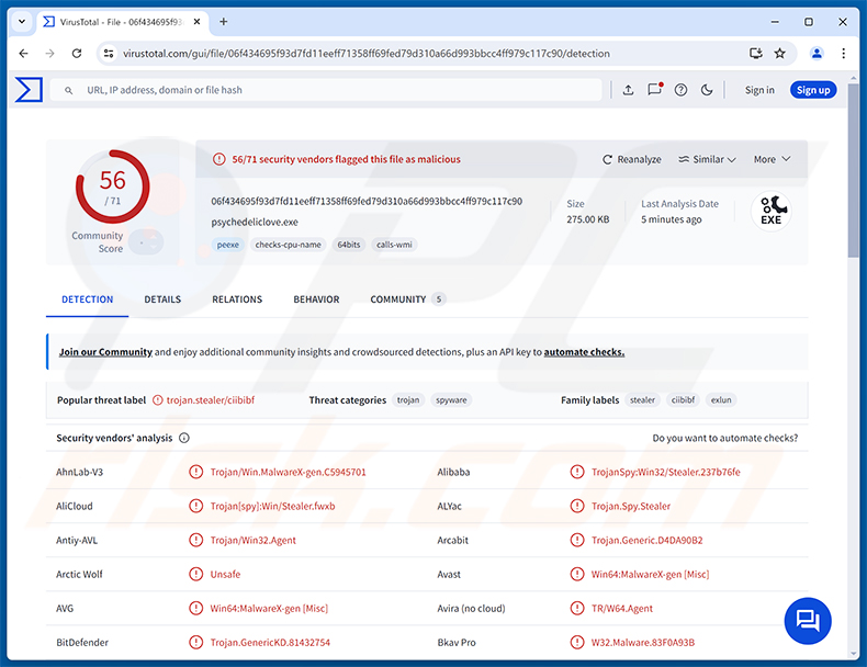 Wykrycia malware Lunex Stealer na VirusTotal