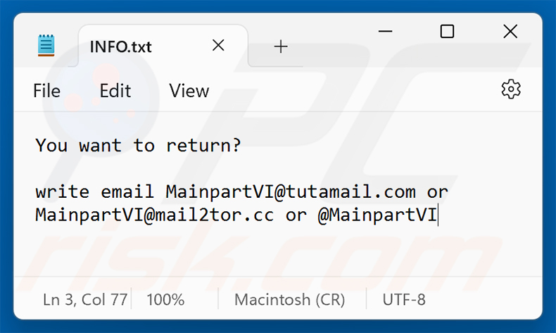 Żądanie okupu ransomware MAIN (INFO.txt)