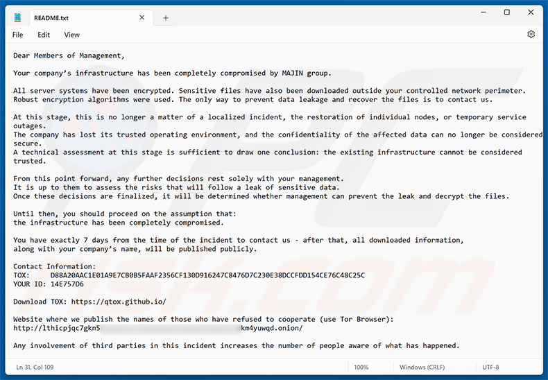 Żądanie okupu MAJIN ransomware (README.txt)