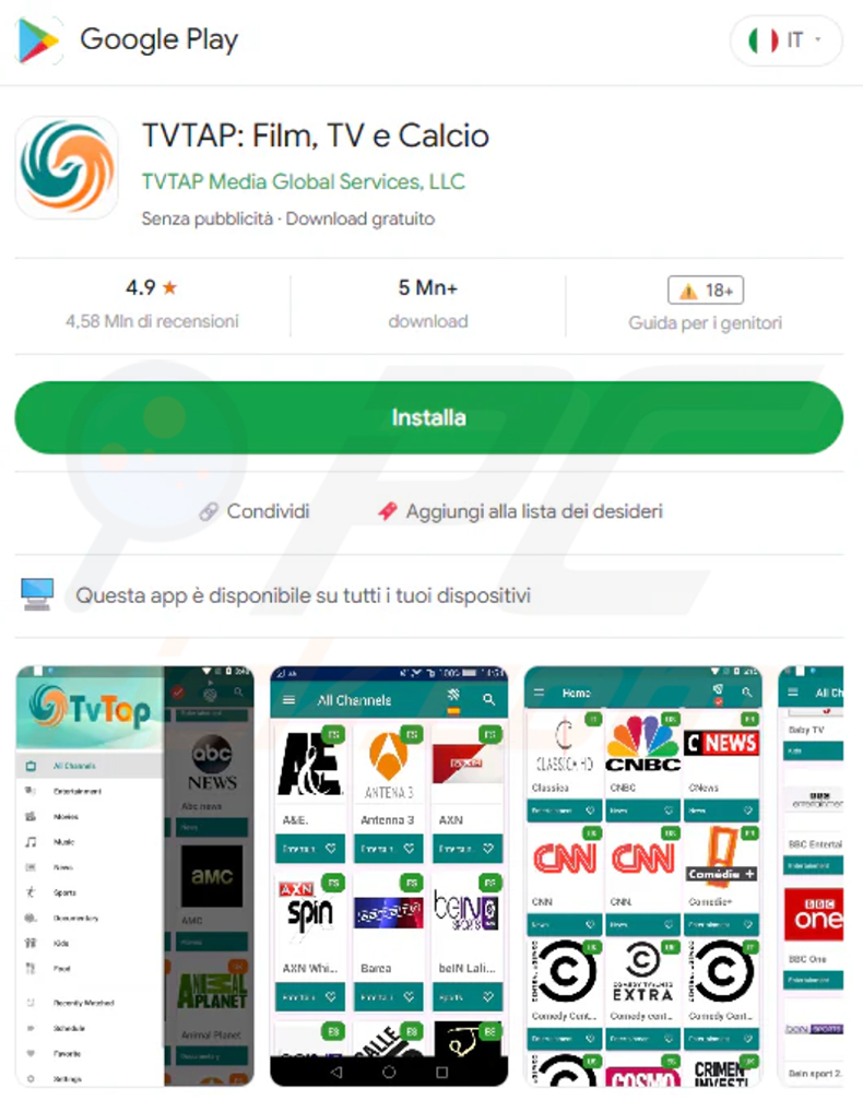 Fałszywa strona Google Play Store podszywająca się pod TVTap, wykorzystywana do rozpowszechniania trojana bankowego RemControl