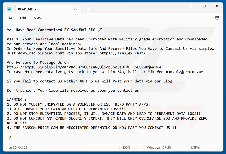 Żądanie okupu ransomware SAMURAI-SEC (READ_ME.txt)