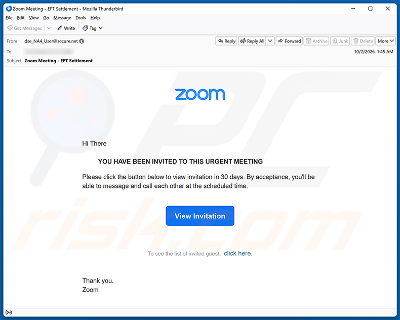 Kampania spamowa Zoom Meeting Invitation Email Virus
