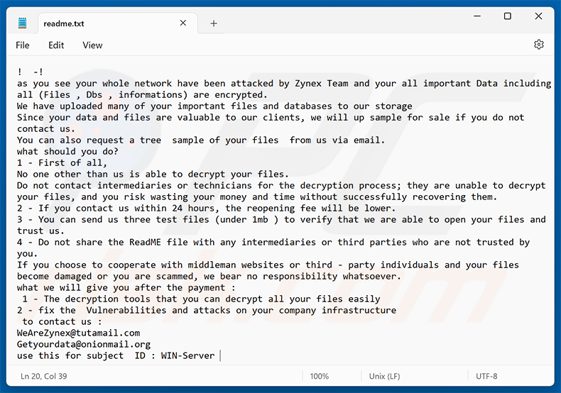 Notatka z żądaniem okupu ransomware Zynex (readme.txt)