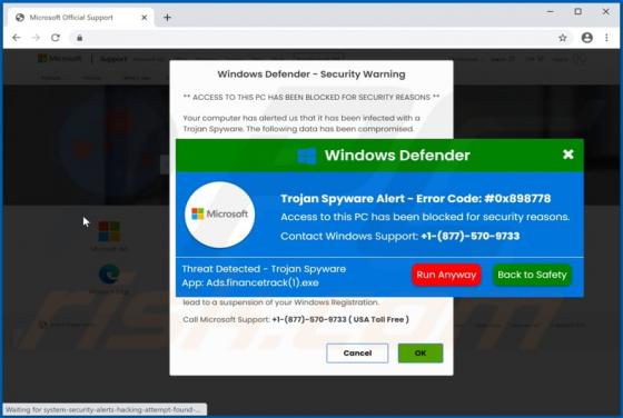Oszustwo POP-UP Trojan Spyware Alert