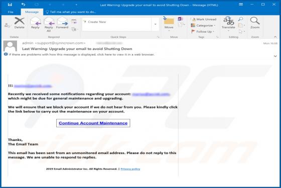 Oszustwo e-mail Last Warning: Upgrade Your Email To Avoid Shutting Down