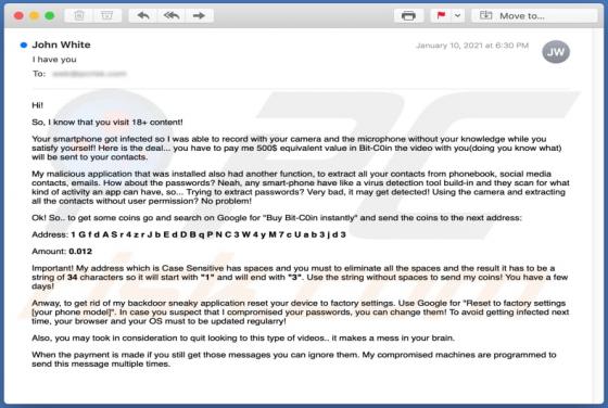 Oszukańczy e-mail I Know That You Visit 18+ Content