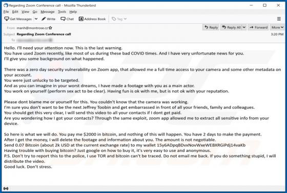 Oszustwo e-mailowe Zero Day Security Vulnerability On Zoom App