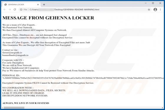 Ransomware GEHENNA LOCKER