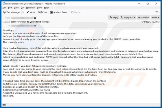 Oszustwo e-mailowe Your Cloud Storage Was Compromised