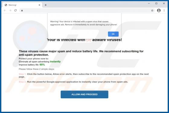 Oszustwo POP-UP Your Device Is Infected With A Spam Virus