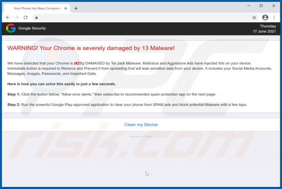 Oszustwo POP-UP Your Chrome Is Severely Damaged By 13 Malware!