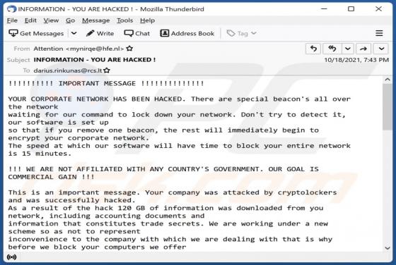 Oszustwo e-mailowe YOUR CORPORATE NETWORK HAS BEEN HACKED