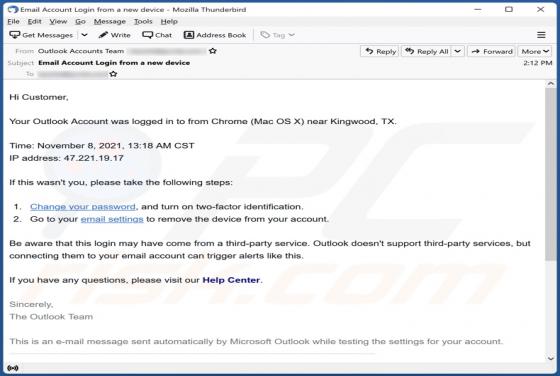 Oszustwo e-mailowe Your Outlook Account Was Logged In